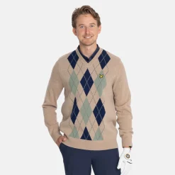 Lambswool Blend Argyle V-Neck Beige Grön>Lyle & Scott Clearance